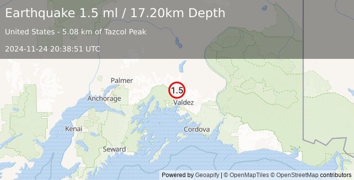 Earthquake 33 km NNW of Valdez, Alaska (1.5 ml) (2024-11-24 20:38:51 UTC)