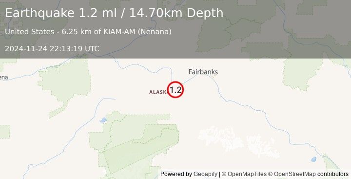 Earthquake 10 km SE of Nenana, Alaska (1.2 ml) (2024-11-24 22:13:19 UTC)