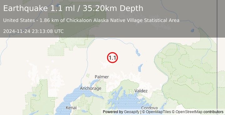 Earthquake 49 km N of Chickaloon, Alaska (1.1 ml) (2024-11-24 23:13:08 UTC)