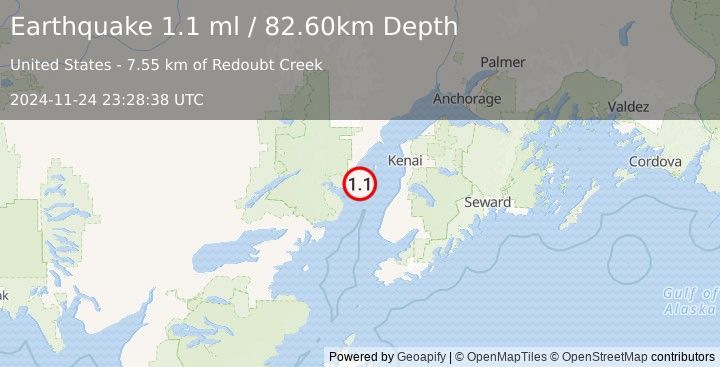 Earthquake 42 km NW of Ninilchik, Alaska (1.1 ml) (2024-11-24 23:28:38 UTC)