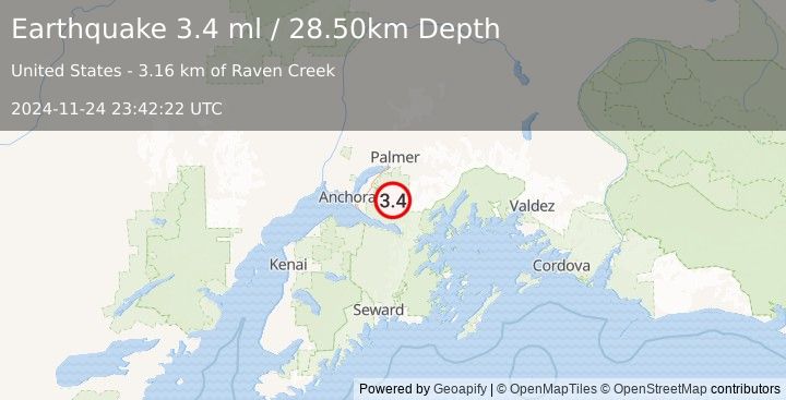 Earthquake 26 km N of Girdwood, Alaska (3.4 ml) (2024-11-24 23:42:22 UTC)