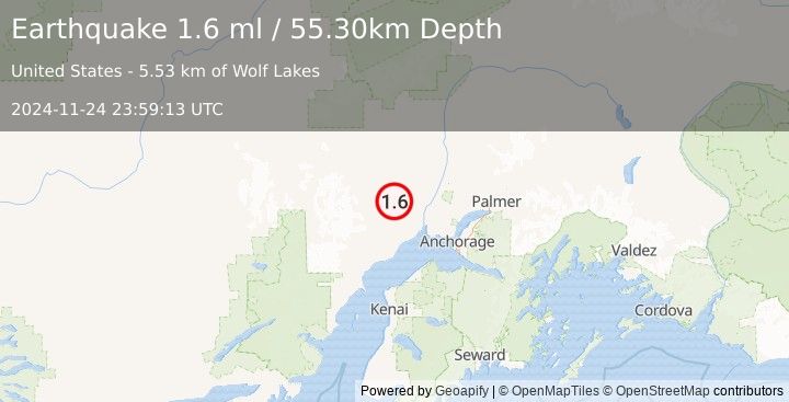 Earthquake 34 km W of Susitna, Alaska (1.6 ml) (2024-11-24 23:59:13 UTC)