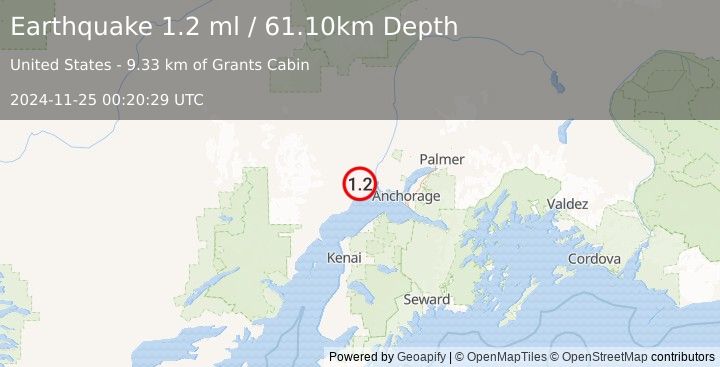 Earthquake 24 km NNE of Beluga, Alaska (1.2 ml) (2024-11-25 00:20:29 UTC)