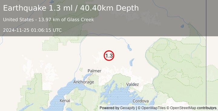 Earthquake 40 km NNW of Glacier View, Alaska (1.3 ml) (2024-11-25 01:06:15 UTC)