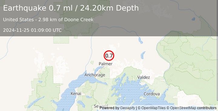 Earthquake 12 km NNW of Sutton-Alpine, Alaska (0.7 ml) (2024-11-25 01:09:00 UTC)