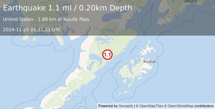 Earthquake 83 km NW of Karluk, Alaska (1.1 ml) (2024-11-25 01:31:51 UTC)