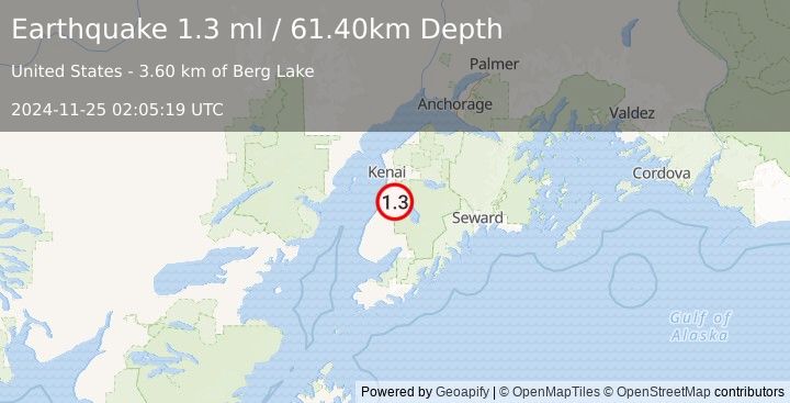 Earthquake 13 km SE of Kasilof, Alaska (1.3 ml) (2024-11-25 02:05:19 UTC)