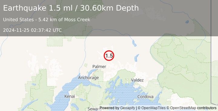 Earthquake 20 km N of Chickaloon, Alaska (1.5 ml) (2024-11-25 02:37:42 UTC)