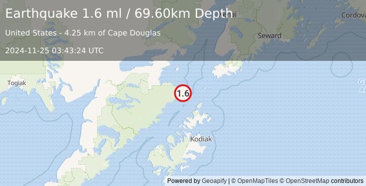 Earthquake 87 km N of Aleneva, Alaska (1.6 ml) (2024-11-25 03:43:24 UTC)