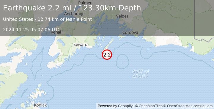 Earthquake 48 km SE of Chenega, Alaska (2.2 ml) (2024-11-25 05:07:06 UTC)