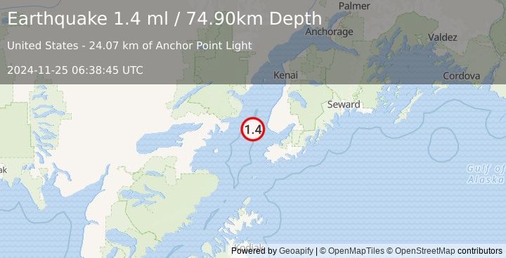 Earthquake 26 km WSW of Anchor Point, Alaska (1.4 ml) (2024-11-25 06:38:45 UTC)