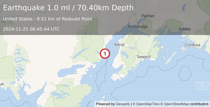 Earthquake 42 km WNW of Ninilchik, Alaska (1.0 ml) (2024-11-25 06:45:44 UTC)