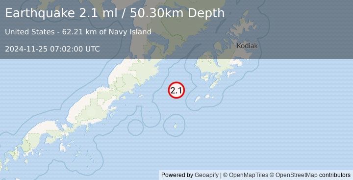 Earthquake 89 km WSW of Akhiok, Alaska (2.1 ml) (2024-11-25 07:02:00 UTC)