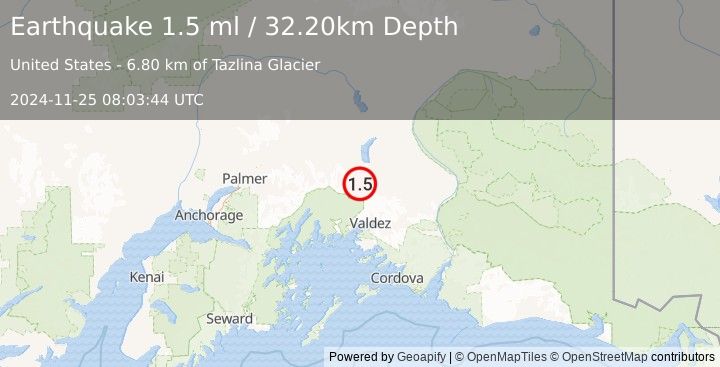 Earthquake 47 km NNW of Valdez, Alaska (1.5 ml) (2024-11-25 08:03:44 UTC)