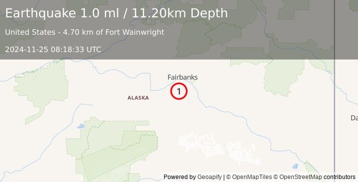 Earthquake 26 km S of South Van Horn, Alaska (1.0 ml) (2024-11-25 08:18:33 UTC)