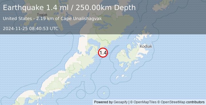 Earthquake 74 km W of Karluk, Alaska (1.4 ml) (2024-11-25 08:40:53 UTC)