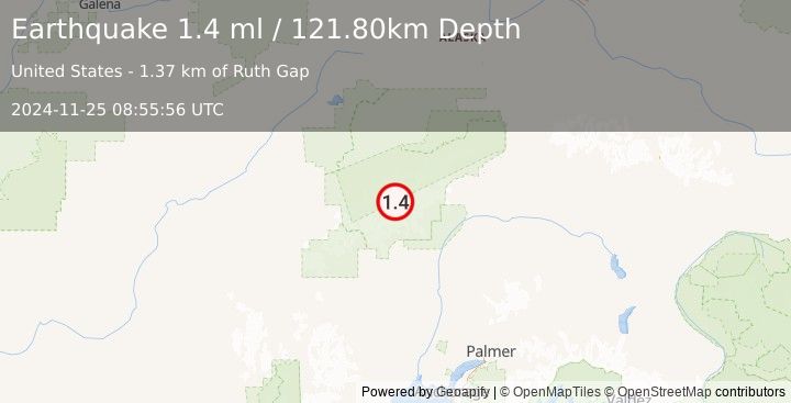 Earthquake 56 km NNW of Petersville, Alaska (1.4 ml) (2024-11-25 08:55:56 UTC)