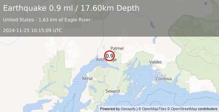 Earthquake 5 km WNW of Eagle River, Alaska (0.9 ml) (2024-11-25 10:15:09 UTC)