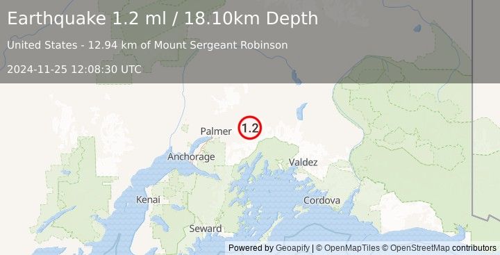 Earthquake 26 km SW of Glacier View, Alaska (1.2 ml) (2024-11-25 12:08:30 UTC)