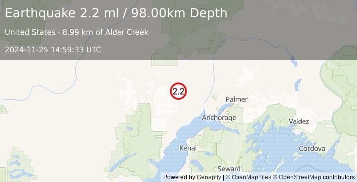 Earthquake 28 km SSW of Skwentna, Alaska (2.2 ml) (2024-11-25 14:59:33 UTC)