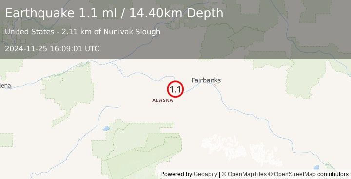 Earthquake 5 km NNE of Four Mile Road, Alaska (1.1 ml) (2024-11-25 16:09:01 UTC)