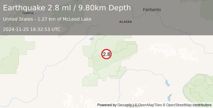 Earthquake 35 km ESE of Denali National Park, Alaska (2.8 ml) (2024-11-25 16:32:53 UTC)