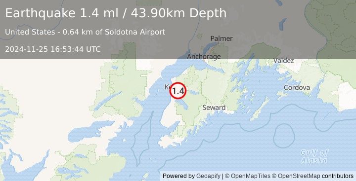 Earthquake 1 km SSE of Soldotna, Alaska (1.4 ml) (2024-11-25 16:53:44 UTC)