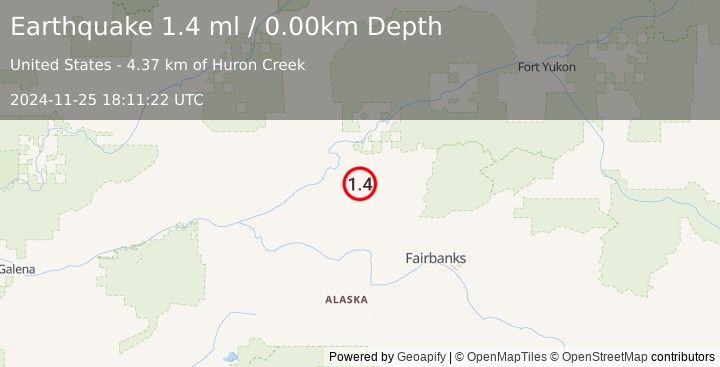 Earthquake 36 km E of Rampart, Alaska (1.4 ml) (2024-11-25 18:11:22 UTC)