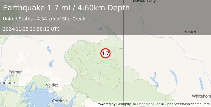 Earthquake 37 km ESE of Nabesna, Alaska (1.7 ml) (2024-11-25 20:58:12 UTC)