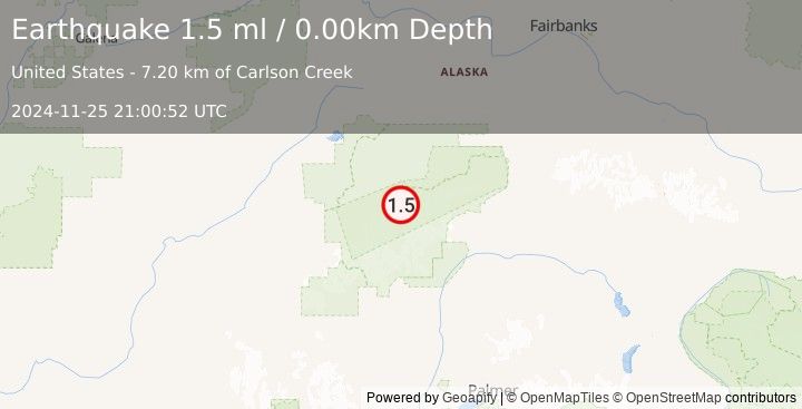 Earthquake 48 km SE of Denali National Park, Alaska (1.5 ml) (2024-11-25 21:00:52 UTC)