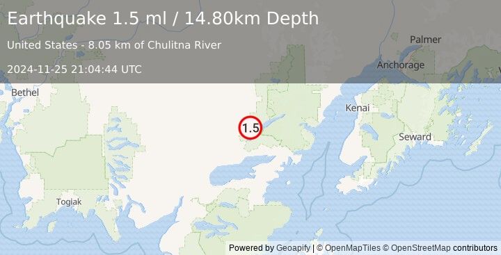 Earthquake 18 km WNW of Port Alsworth, Alaska (1.5 ml) (2024-11-25 21:04:44 UTC)