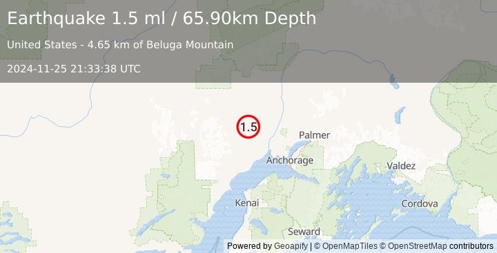 Earthquake 31 km SSE of Skwentna, Alaska (1.5 ml) (2024-11-25 21:33:38 UTC)