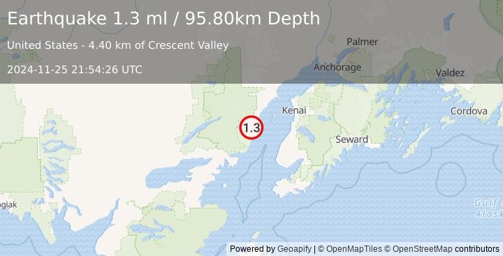 Earthquake 57 km WNW of Ninilchik, Alaska (1.3 ml) (2024-11-25 21:54:26 UTC)