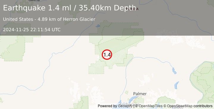 Earthquake 63 km NW of Petersville, Alaska (1.4 ml) (2024-11-25 22:11:54 UTC)