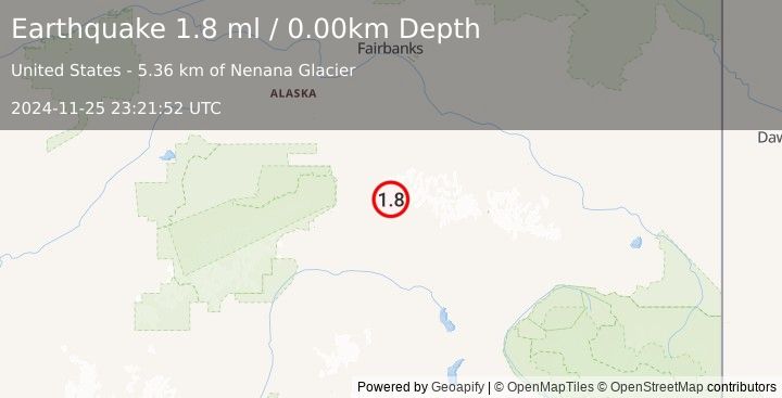 Earthquake 63 km E of Cantwell, Alaska (1.8 ml) (2024-11-25 23:21:52 UTC)