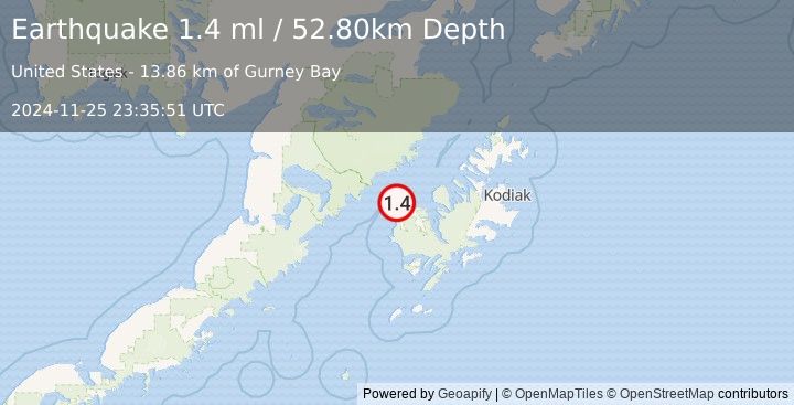 Earthquake 17 km NNW of Karluk, Alaska (1.4 ml) (2024-11-25 23:35:51 UTC)