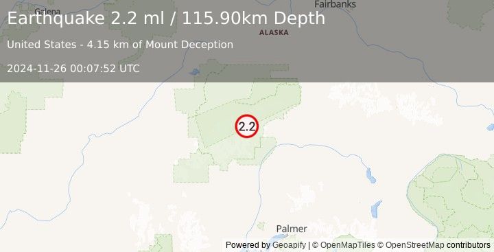 Earthquake 70 km N of Petersville, Alaska (2.2 ml) (2024-11-26 00:07:52 UTC)