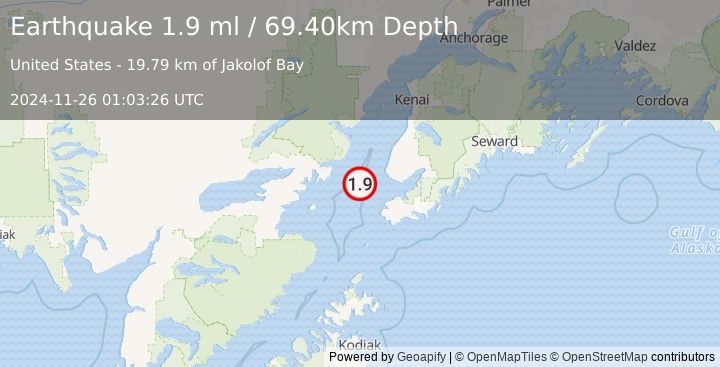 Earthquake 35 km WSW of Anchor Point, Alaska (1.9 ml) (2024-11-26 01:03:26 UTC)