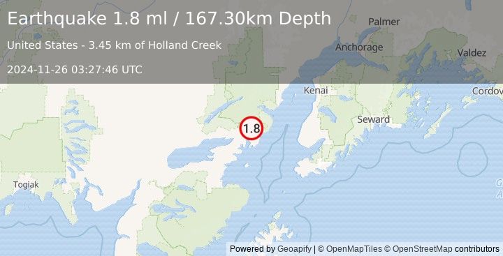 Earthquake 50 km ENE of Pedro Bay, Alaska (1.8 ml) (2024-11-26 03:27:46 UTC)