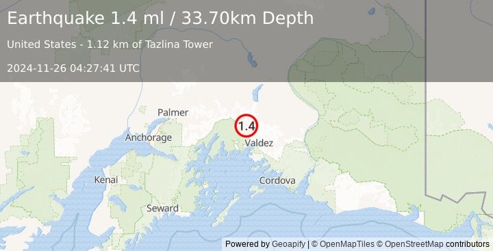 Earthquake 36 km NW of Valdez, Alaska (1.4 ml) (2024-11-26 04:27:41 UTC)