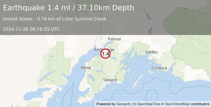 Earthquake 17 km SSE of Anchorage, Alaska (1.4 ml) (2024-11-26 06:16:55 UTC)