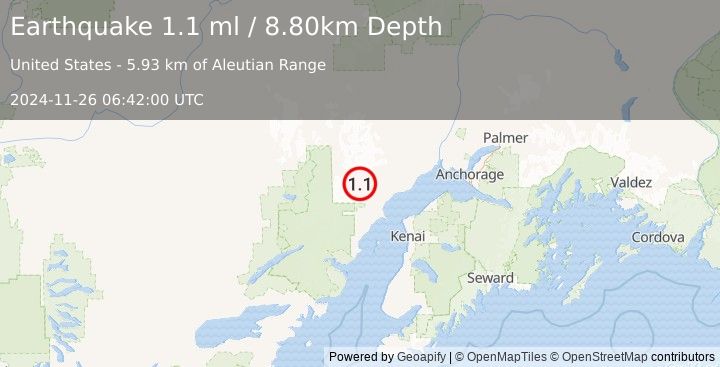 Earthquake 63 km W of Tyonek, Alaska (1.1 ml) (2024-11-26 06:42:00 UTC)