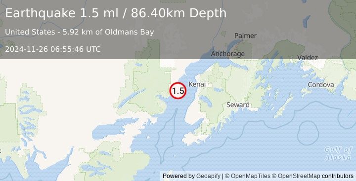 Earthquake 44 km WNW of Clam Gulch, Alaska (1.5 ml) (2024-11-26 06:55:46 UTC)