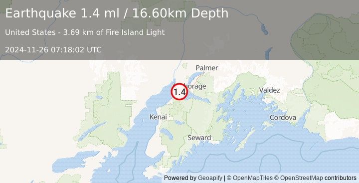 Earthquake 26 km WSW of Anchorage, Alaska (1.4 ml) (2024-11-26 07:18:02 UTC)