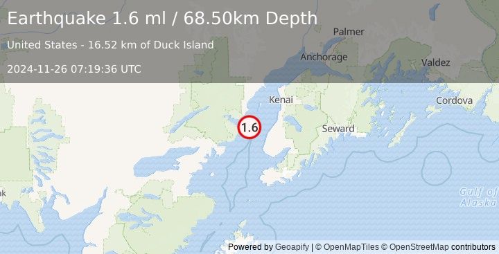 Earthquake 33 km WNW of Ninilchik, Alaska (1.6 ml) (2024-11-26 07:19:36 UTC)