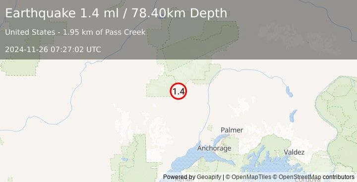 Earthquake 37 km WSW of Petersville, Alaska (1.4 ml) (2024-11-26 07:27:02 UTC)