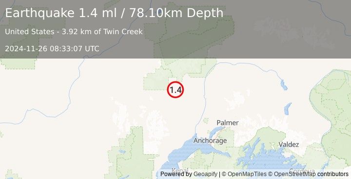 Earthquake 34 km N of Skwentna, Alaska (1.4 ml) (2024-11-26 08:33:07 UTC)