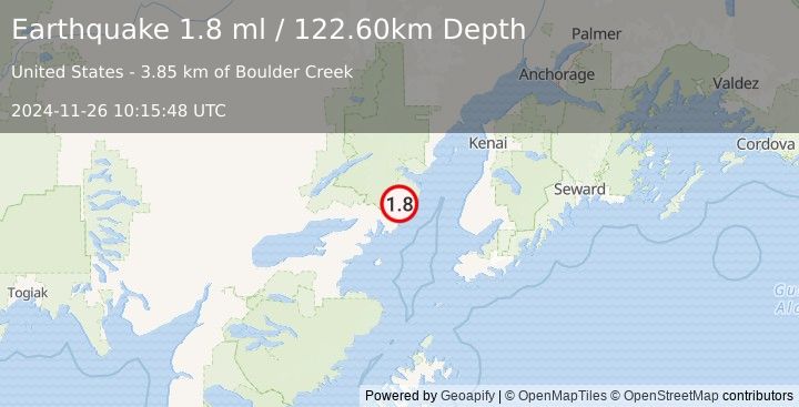 Earthquake 64 km ENE of Pedro Bay, Alaska (1.8 ml) (2024-11-26 10:15:48 UTC)