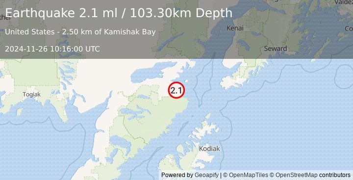 Earthquake 56 km SE of Pope-Vannoy Landing, Alaska (2.1 ml) (2024-11-26 10:16:00 UTC)