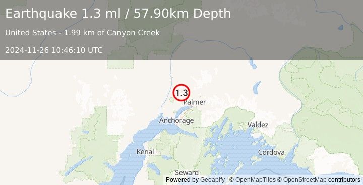 Earthquake 19 km NNW of Meadow Lakes, Alaska (1.3 ml) (2024-11-26 10:46:10 UTC)